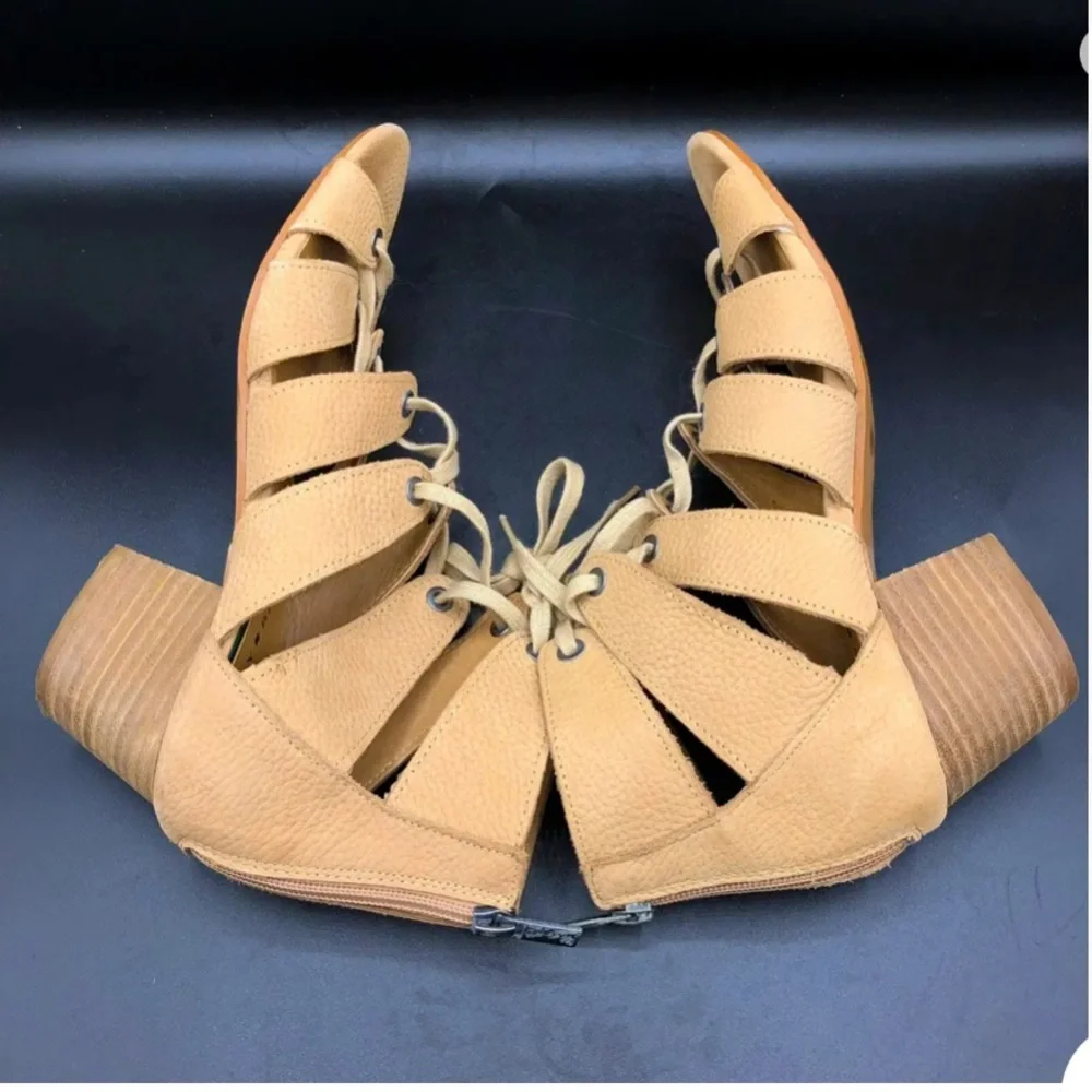 Lucky Brand Suede Open Toe Block Stacked Heel Brown Front Lace  Zip Back Shoe 6 - Picture 6 of 10